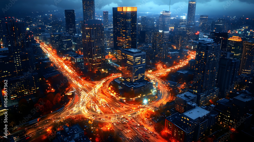 Cityscape Night Aerial View with Traffic Cityscape Night Aerial View with Traffic