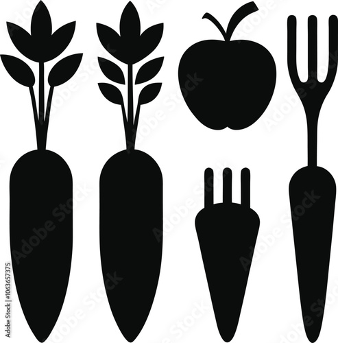 Set of vector black carrot, carrot meals icons on white background