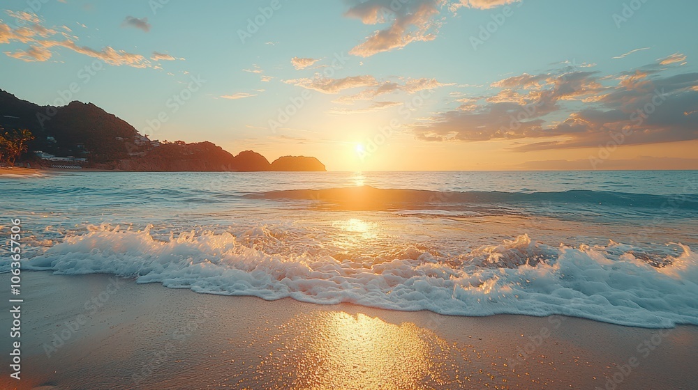 Vibrant sunrise over a tranquil beach, with waves gently crashing on the sandy shore Vibrant sunrise over a tranquil beach, with waves gently crashing on the sandy shore