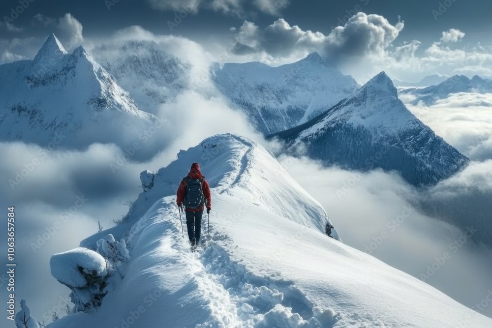 Solo Hiker on Snowy Mountain Ridge with Clouds Below Solo Hiker on Snowy Mountain Ridge with Clouds Below