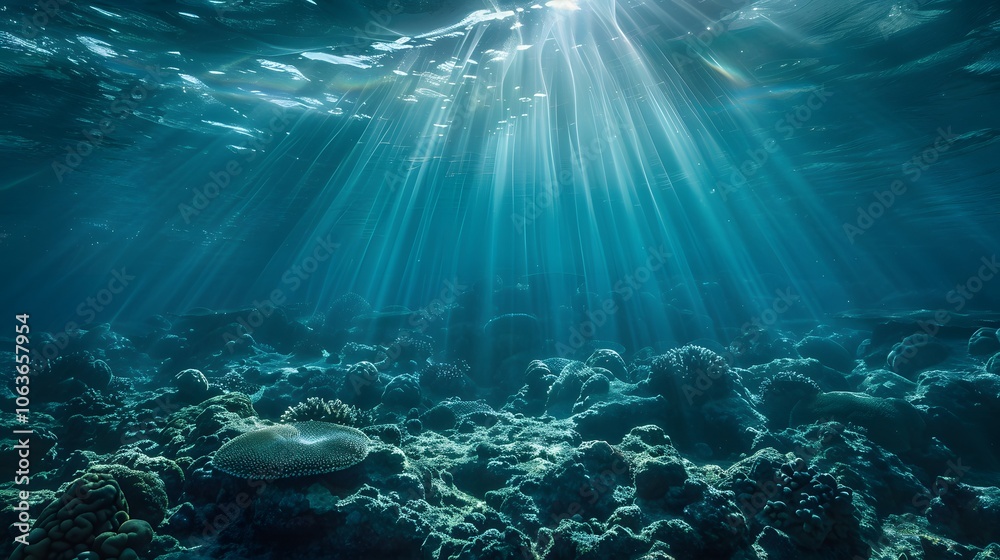 Magical Underwater Seascape with Radiant Sunlight Beams Illuminating the Coral Reef Magical Underwater Seascape with Radiant Sunlight Beams Illuminating the Coral Reef