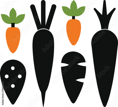 Set of vector black carrot, carrot meals icons on white background