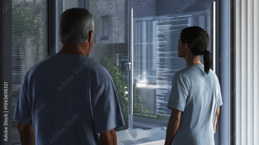 High-definition 3D render of a worried patient looking at infection risk assessment data displayed on a transparent screen, with a healthcare professional explaining the details High-definition 3D render of a worried patient looking at infection risk assessment data displayed on a transparent screen, with a healthcare professional explaining the details