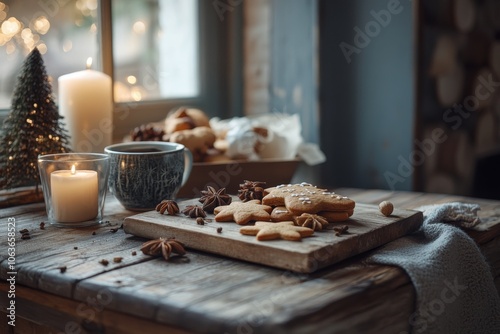 Cozy Winter Table Setting with Gingerbread Cookies Tea and Candle