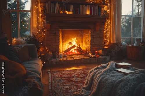 Cozy Living Room with Fireplace Books and Warm Blanket