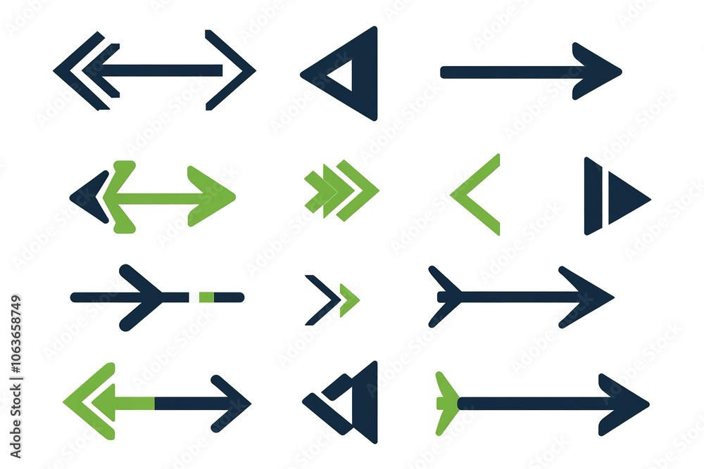 A set of arrow icons in dark blue and green, on a white background A set of arrow icons in dark blue and green, on a white background