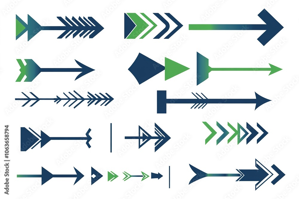 A set of arrow icons in dark blue and green, on a white background A set of arrow icons in dark blue and green, on a white background