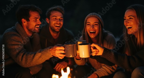 Cheerful friends enjoying warm drinks campfire at night photo