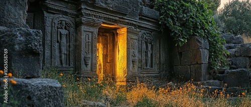 Ancient temple entrance surrounded by lush foliage and illuminated deity sculpture at twilight