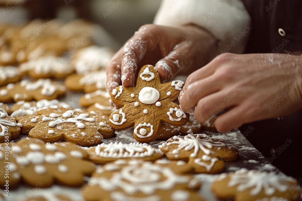 Close Up of Hands Decorating Homemade Gingerbread Cookies with White Icing Close Up of Hands Decorating Homemade Gingerbread Cookies with White Icing