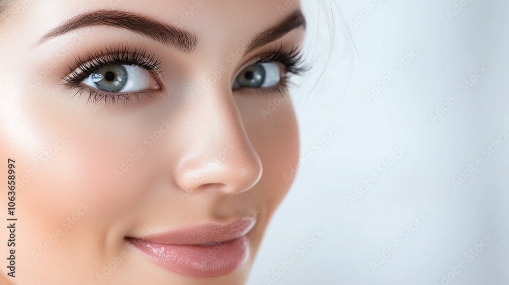 beautiful elegant young woman modek with light skin beautiful eyes radiant smile beauty cosmetic makup skincare copy space