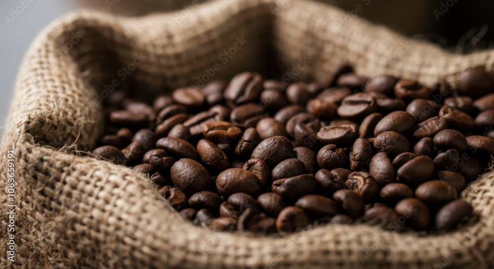 Fototapeta premium Close-up view of roasted coffee beans in burlap sack