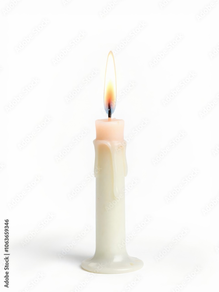 Burning candle with melting wax isolated on white background, candlelight, wax Burning candle with melting wax isolated on white background, candlelight, wax