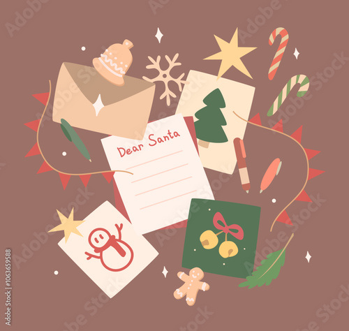 A letter to Santa. Children's drawings, envelope, garland, gingerbread cookies.