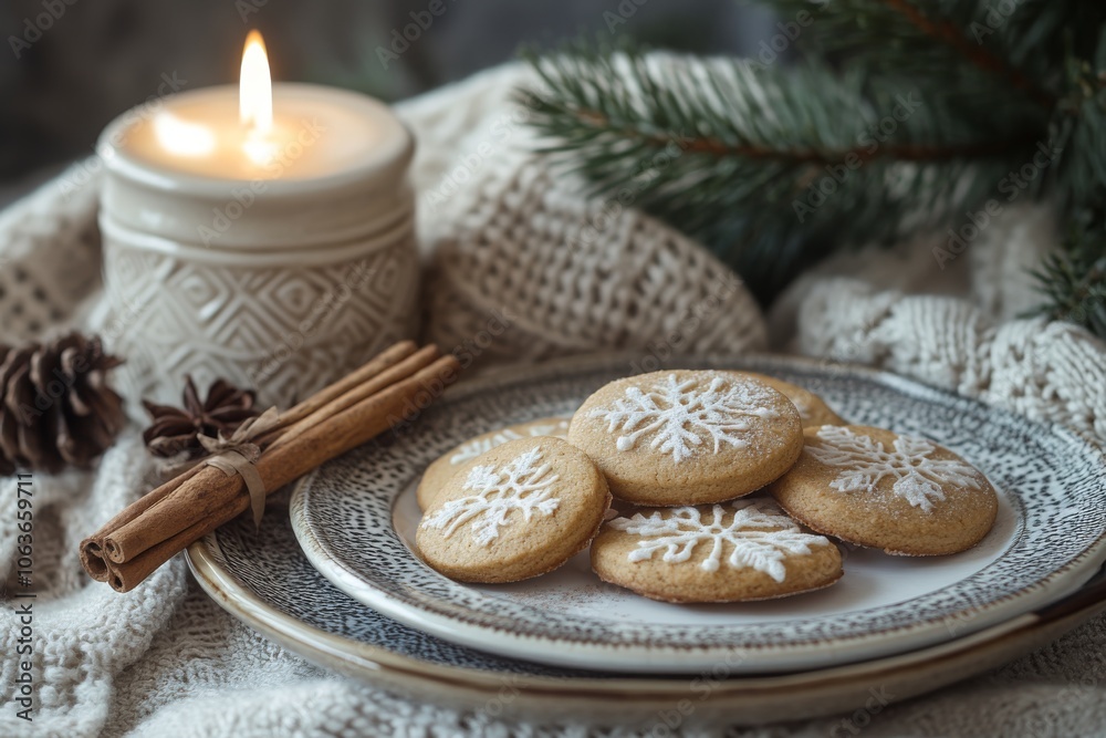 Christmas cookies with snowflake icing on a plate cinnamon sticks pine branch and candl Christmas cookies with snowflake icing on a plate cinnamon sticks pine branch and candl