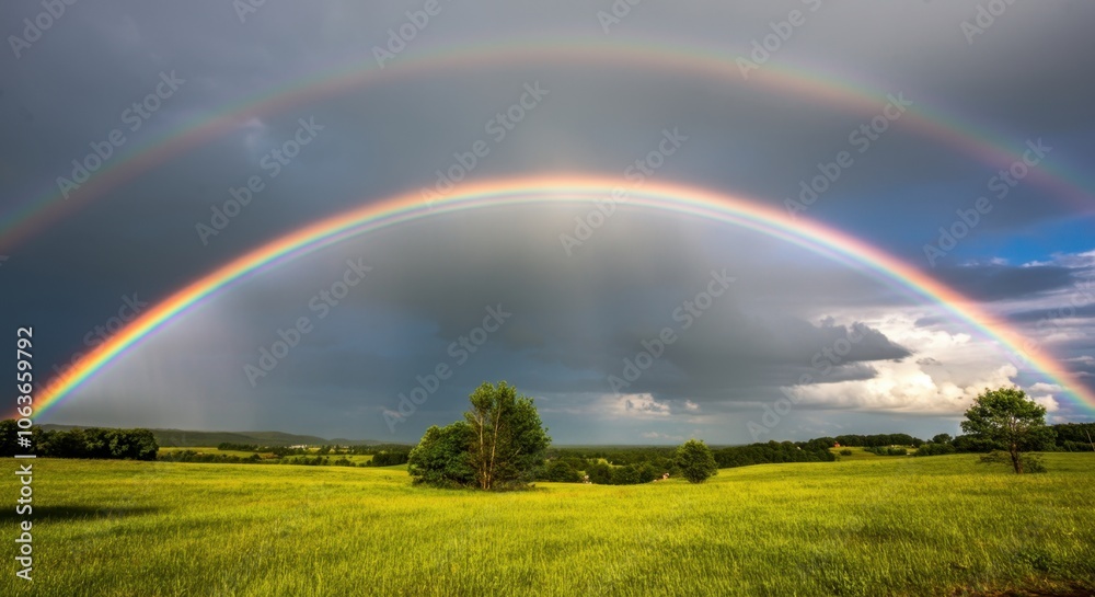 Naklejka premium Majestic double rainbow lush green countryside landscape