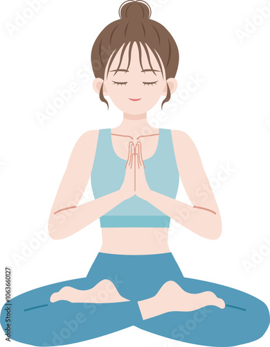 yoga meditation girl in namaste pose wearing blue clothes