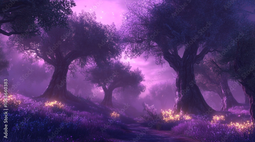 A magical forest with tall trees and purple flowers bathed in a soft, ethereal light. A magical forest with tall trees and purple flowers bathed in a soft, ethereal light.