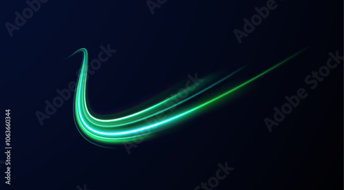 Glowing spark swirl trail tracing on dark blue background. Abstract light lines of movement and speed. Light line moving with speed.