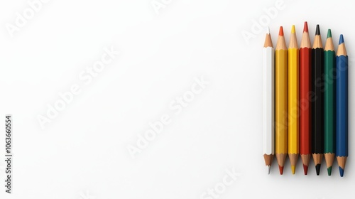 Colorful Creativity: A minimalist arrangement of colored pencils on a white background, ready for artistic expression.