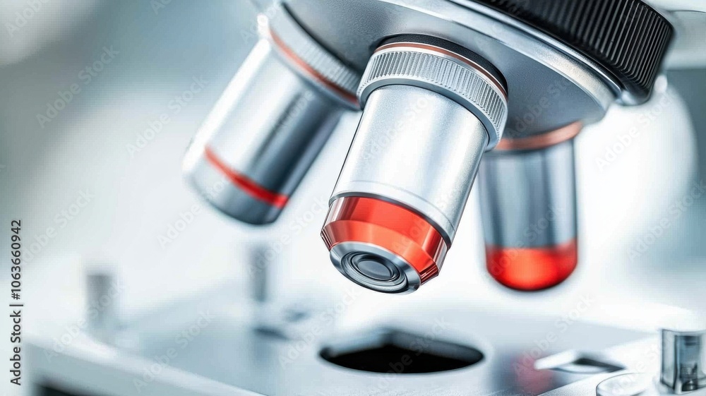 A microscope with a red and silver lens A microscope with a red and silver lens
