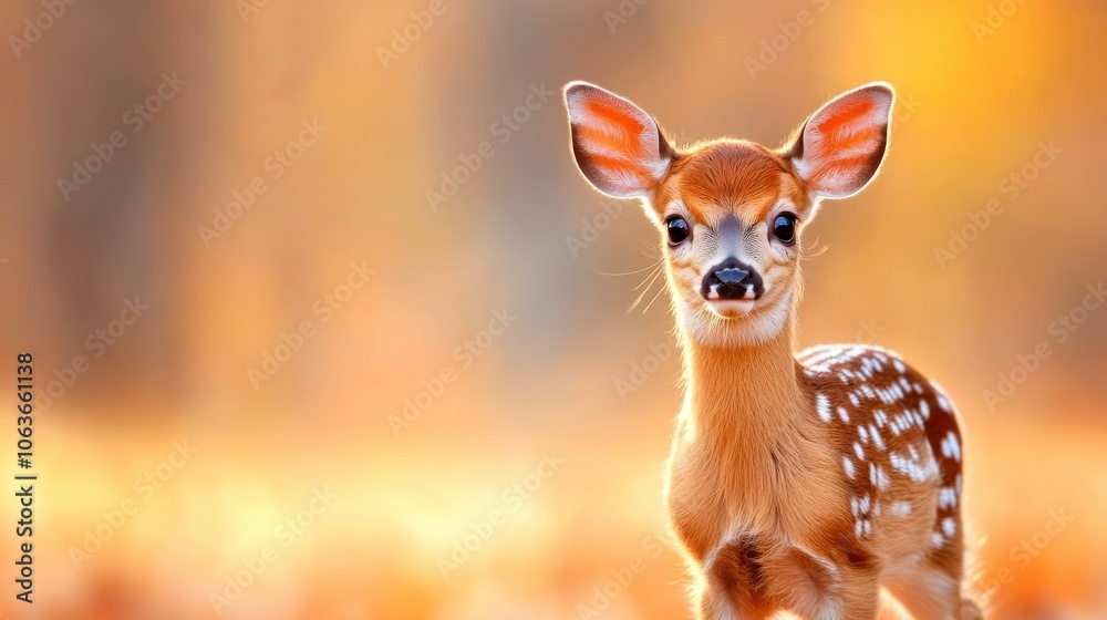 Fototapeta premium A sweet fawn stands delicately in a sunlit forest, showcasing its spots against a warm, blurred background of autumn hues.