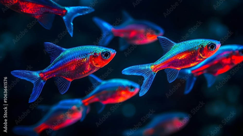 Obraz premium Glowing Electric Blue and Red Neon Tetra School Illuminating Serene Underwater Wave