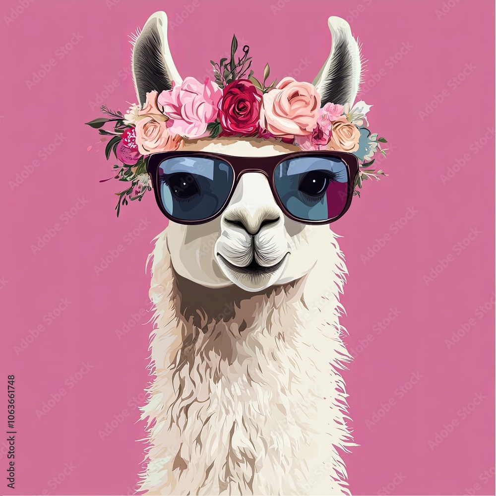 Stylish llama wearing sunglasses and a floral crown, set against a pink background, showcasing a fun, whimsical personality.
Stylish llama wearing sunglasses and a floral crown, set against a pink background, showcasing a fun, whimsical personality.