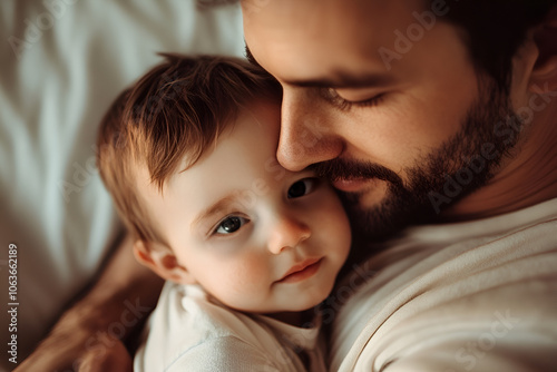 Fatherhood and affection. Adorable father and child. Loving gentle father holding his newborn baby in home interior hugging his infant sons and kissing