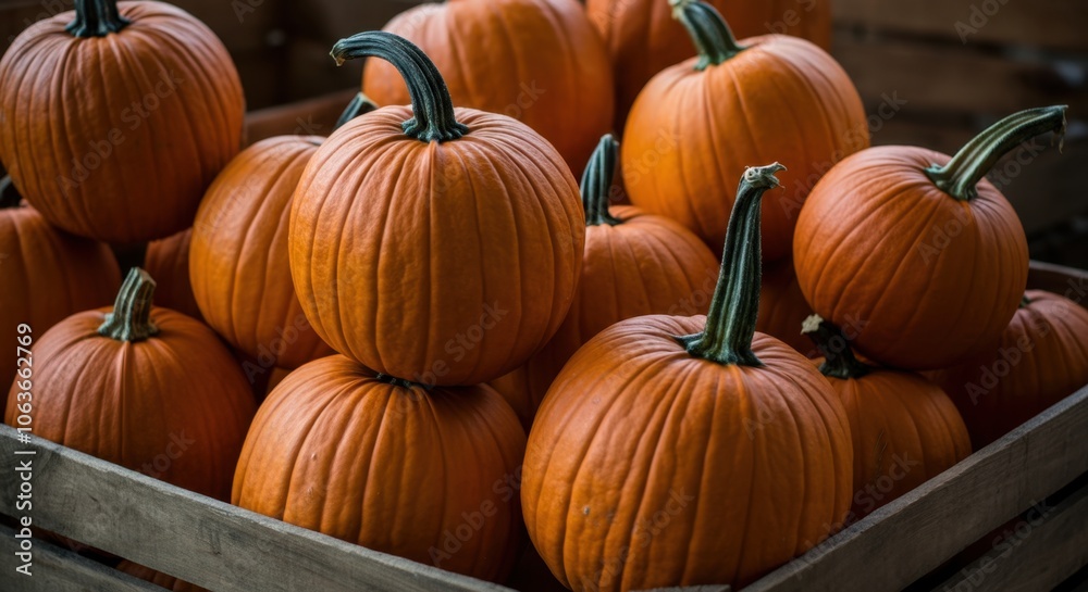 Fresh autumn pumpkins in wooden crate at the market Fresh autumn pumpkins in wooden crate at the market
