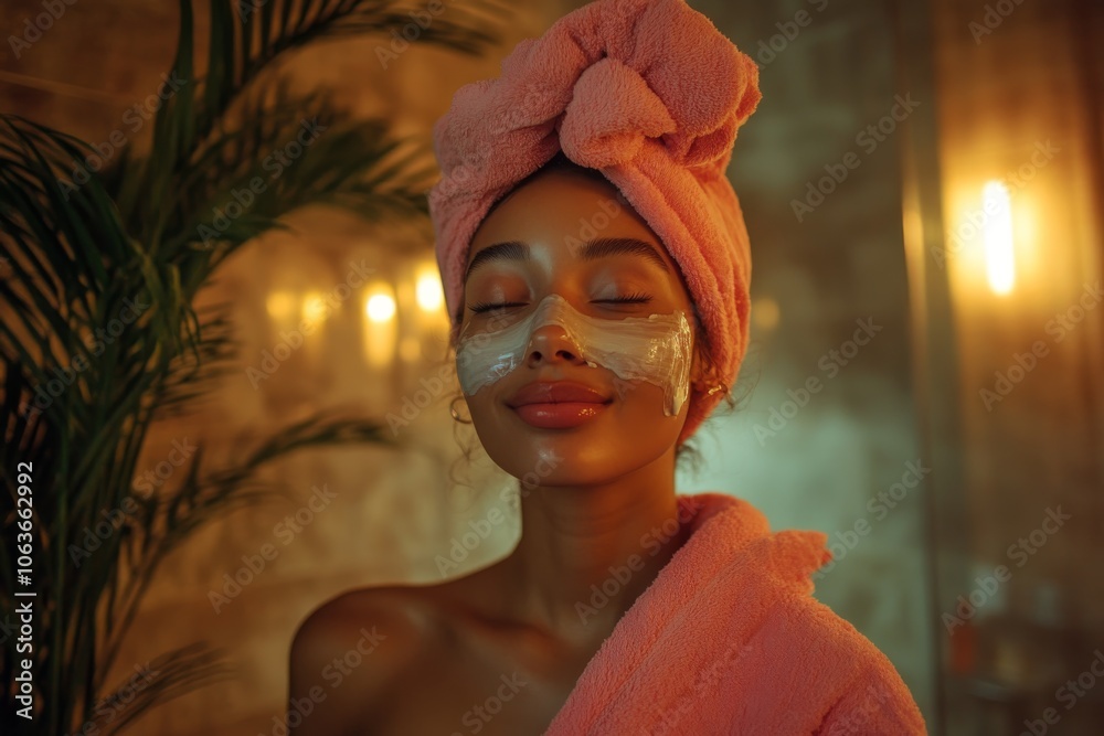 Beautiful Woman Relaxing with Face Mask and Towel on Head Beautiful Woman Relaxing with Face Mask and Towel on Head