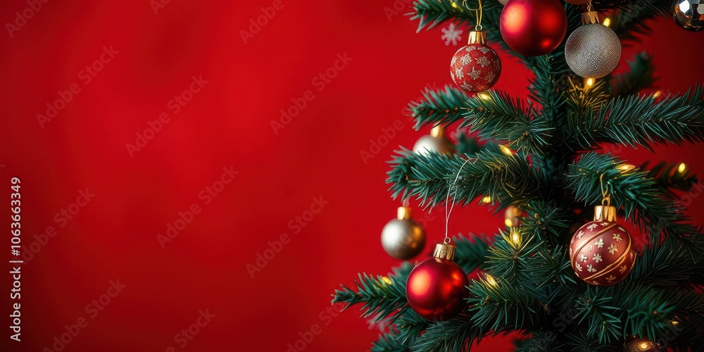 Christmas tree adorned with assorted ornaments and twinkling bokeh lights against a vibrant red background, celebration, bokeh lights Christmas tree adorned with assorted ornaments and twinkling bokeh lights against a vibrant red background, celebration, bokeh lights