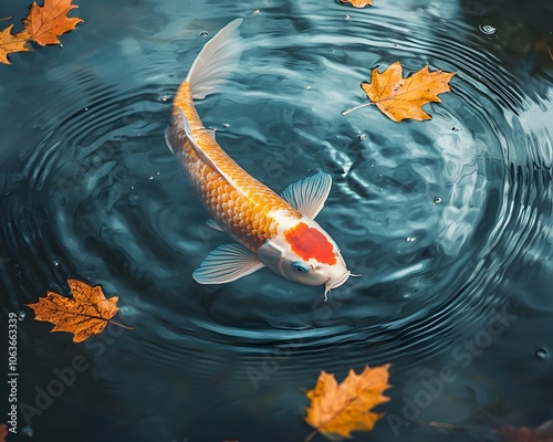 Majestic Koi Fish Swimming in Tranquil Autumn Pond with Floating Leaves photo