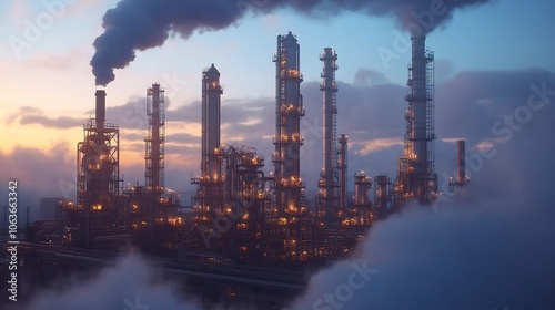 High-tech fuel refinery plant, complex pipelines, modern industrial design.