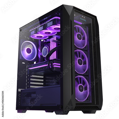 computer tower with a transparent side panel and purple LED lighting on transparent background