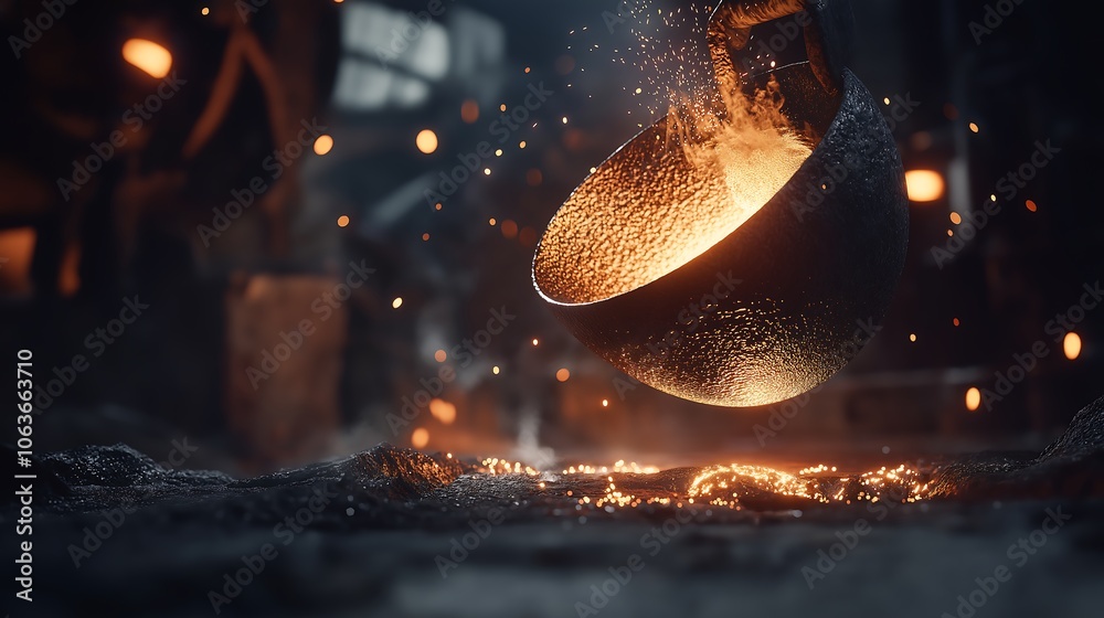 Molten metal being poured into a mold in a foundry, metal casting ...