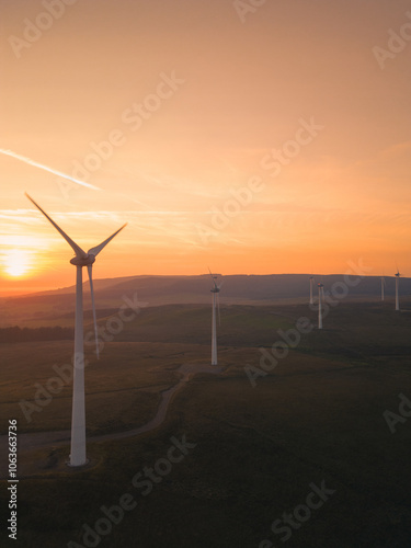 Wind turbines at sunset