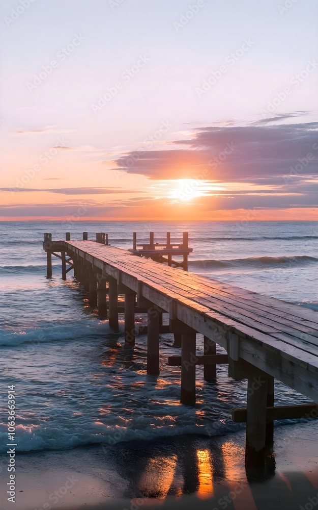 Fototapeta premium Sunset Glow on Wooden Pier - Scenic Ocean View with Reflections and Golden Sky
