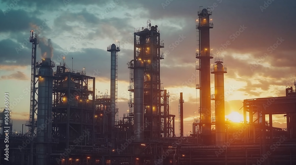 Oil refinery plant at sunset, glowing lights, massive industrial complex. Oil refinery plant at sunset, glowing lights, massive industrial complex.