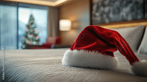 santa claus hat on a bed. - Ski chalet on wintersports.  photo