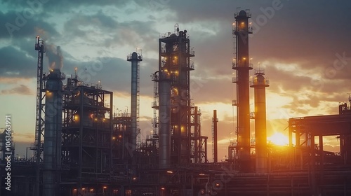 Oil refinery plant at sunset, glowing lights, massive industrial complex.