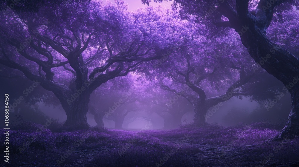 A magical forest with purple trees and fog. The trees have twisted branches and create a mysterious atmosphere. The fog adds to the sense of mystery and the purple light makes it look magical. A magical forest with purple trees and fog. The trees have twisted branches and create a mysterious atmosphere. The fog adds to the sense of mystery and the purple light makes it look magical.