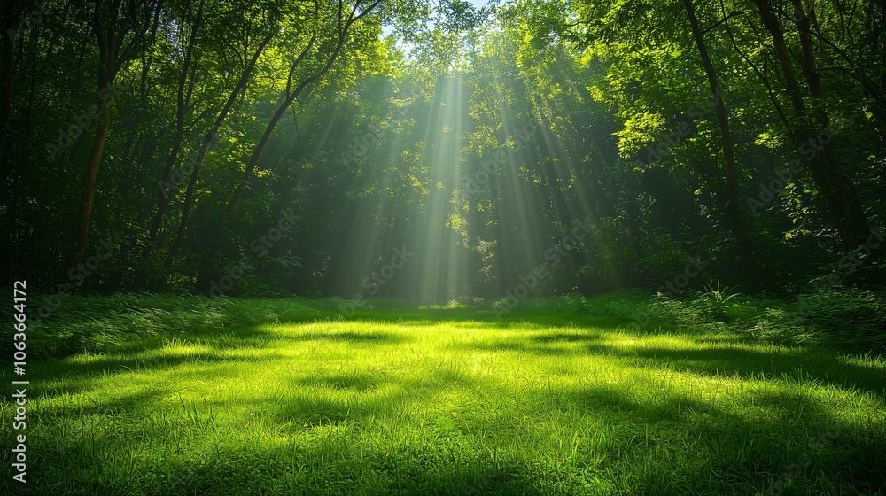 Obraz premium Lush Forest Clearing with Sunlight Rays