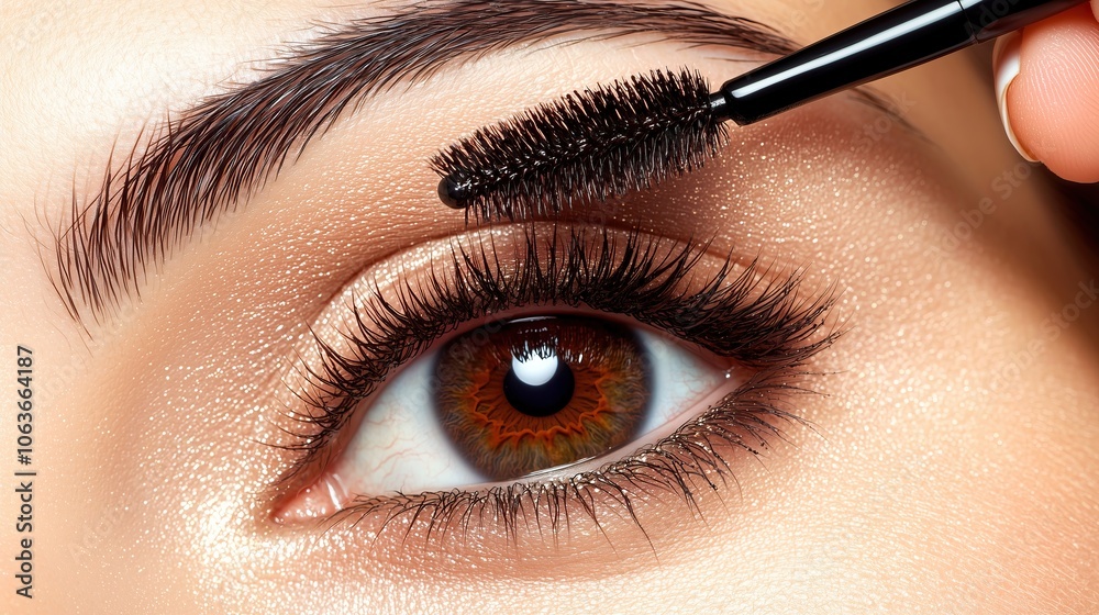 Naklejka premium Close-up of beautiful woman's eye applying mascara for glamorous look cosmetic beauty makeup product styling