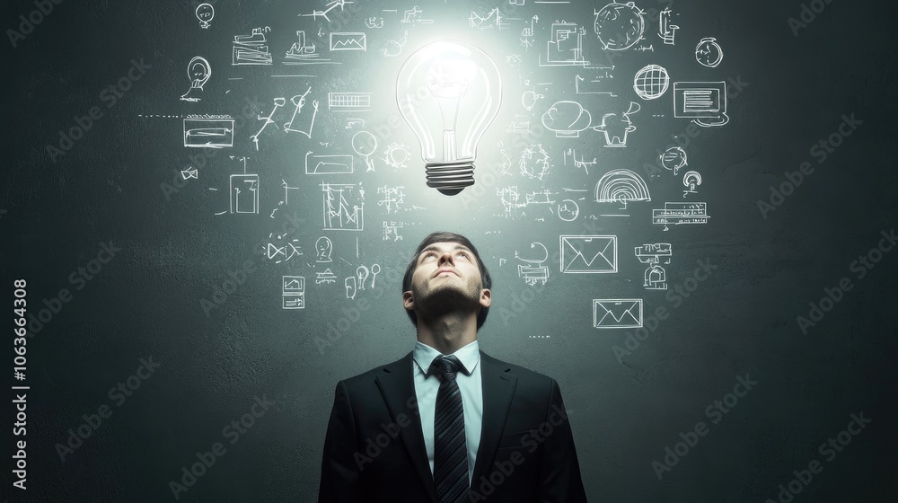 Businessperson with a bright light bulb above, surrounded by digital and technological symbols icons Businessperson with a bright light bulb above, surrounded by digital and technological symbols icons