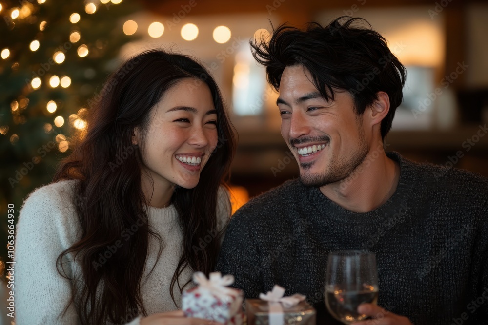 A joyful couple sits by the fireplace exchanging gifts, surrounded by soft glowing lights, capturing the warmth and happiness of the holiday season. A joyful couple sits by the fireplace exchanging gifts, surrounded by soft glowing lights, capturing the warmth and happiness of the holiday season.