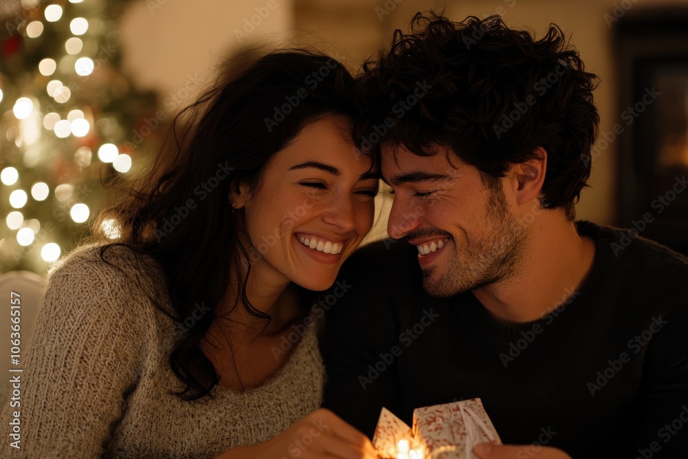 A couple enjoys exchanging a gift in a festive environment adorned with holiday lights, capturing a warm and joyful moment filled with love and connection. A couple enjoys exchanging a gift in a festive environment adorned with holiday lights, capturing a warm and joyful moment filled with love and connection.