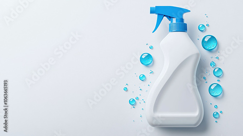 spray bottle surrounded by water droplets on light background