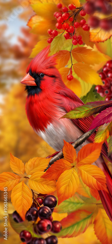 Autumn bright colorful background, red cardinal bird sitting on branches of yellow leaves, bunches of ripe berries, blue sky, beautiful foliage