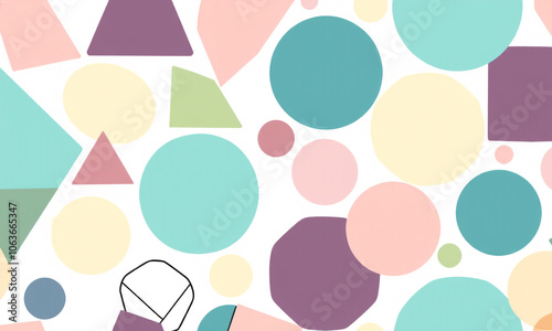 A seamless pattern of geometric shapes including triangles circles and hexagons arranged on a white background